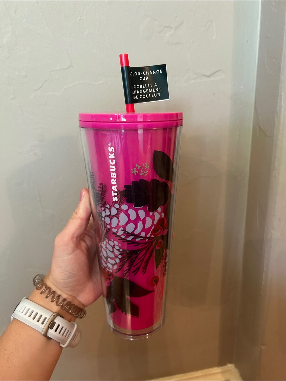 Starbucks Holiday Hot Pink Floral Color-Change Tumbler with Straw